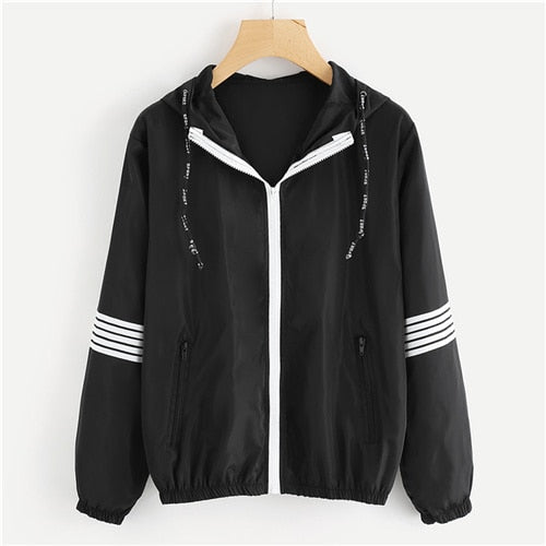 SweatyRocks Ladies Black Hooded Drawstring Zip Up Jacket